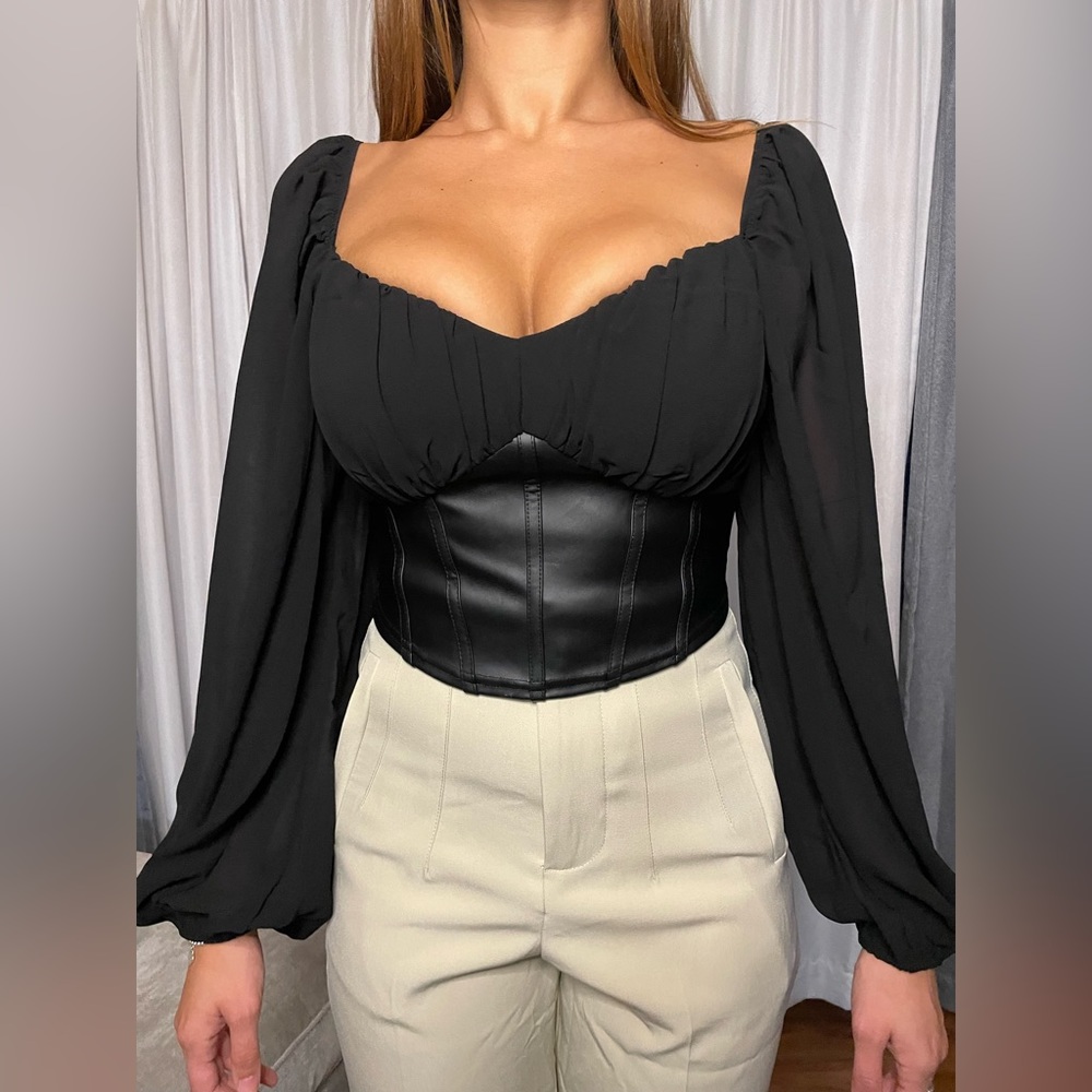 Black Corset Busty Long Sleeve Balloon Top